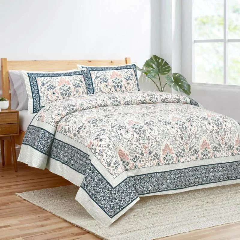 Mughal Jaali Printed Bedsheet - Blue & Beige