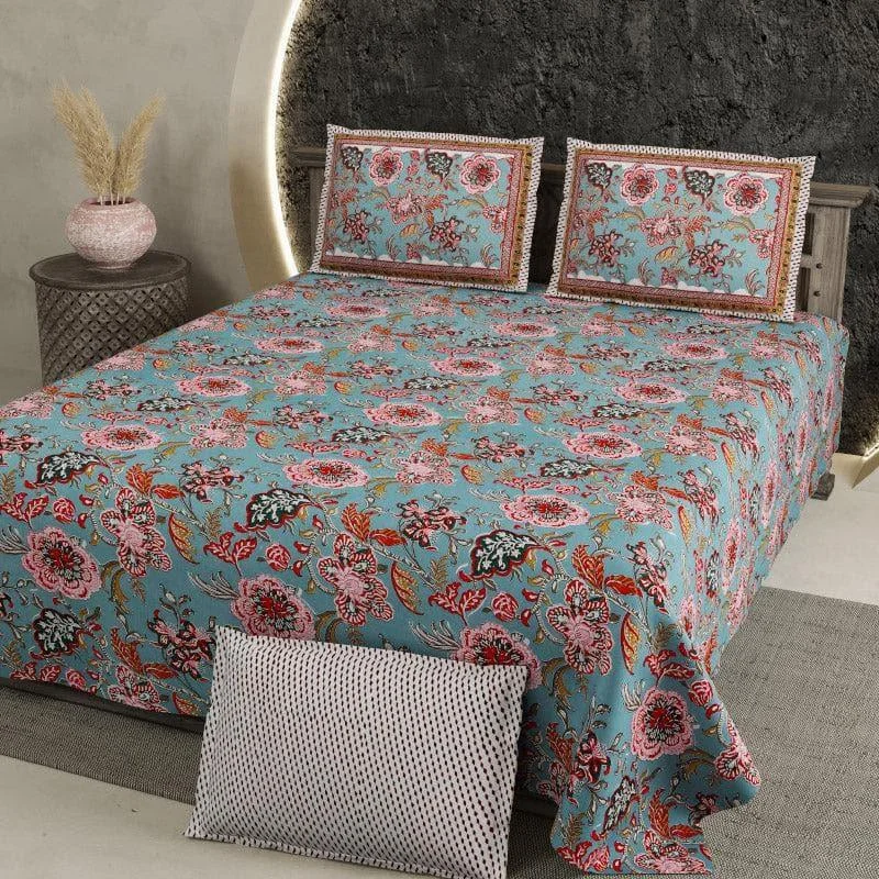 Mithreya Floral Bedsheet - Blue & Pink