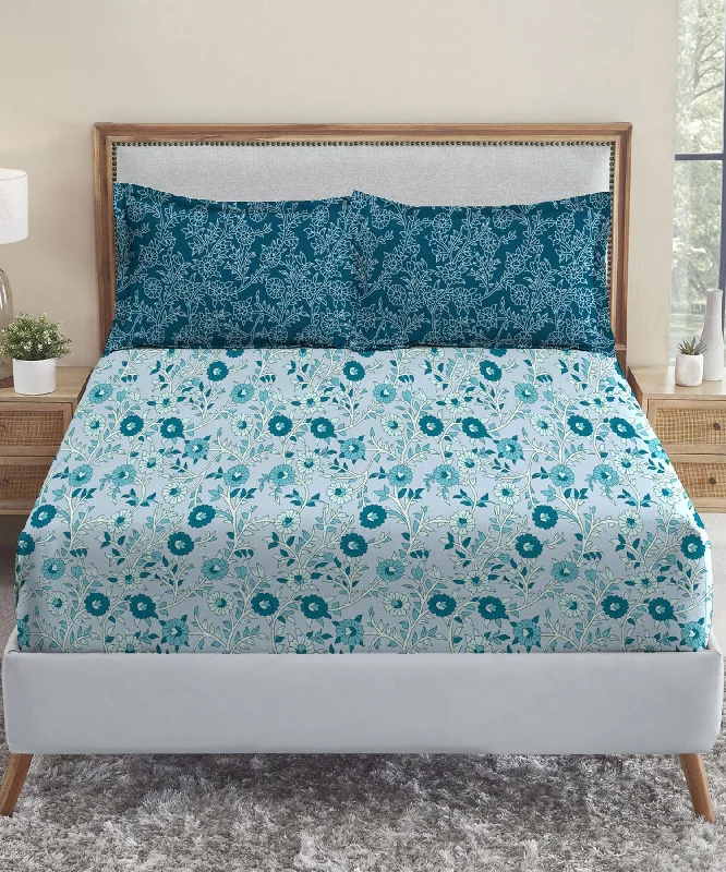 Urban Comfort Desert Gardern Blue Queen Bedsheet With 2 Pillow Cover, 144TC, 100% Cotton, Floral, Blue