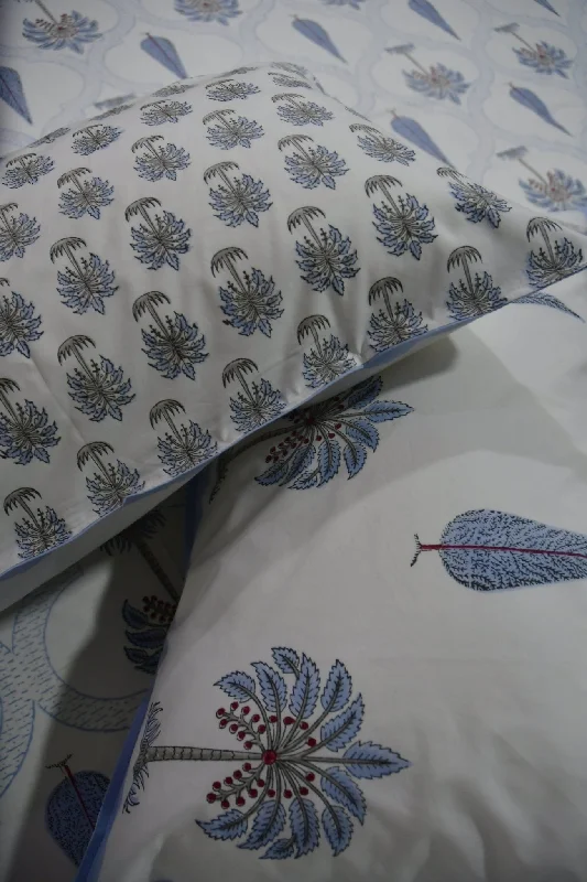 Blue Palm Hand Block Bedsheet