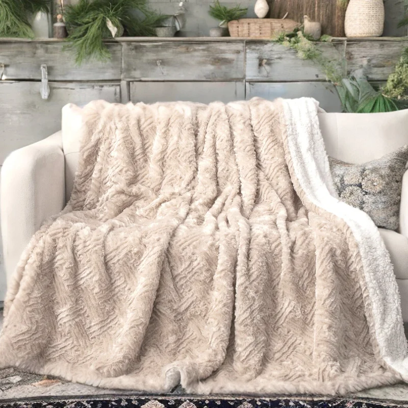 DaDalogy Bedding Champagne Ivory Faux Fur Throw Blanket - Dreamy Gold Geometric Embossed Sherpa Backside - Super Soft Warm Cozy Plush Fluffy