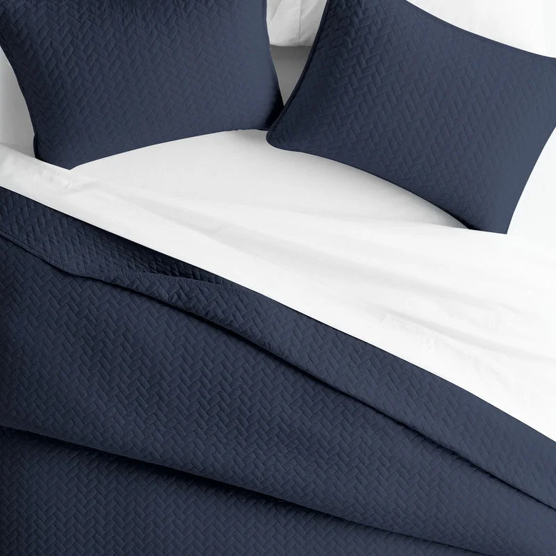 Herringbone Stitch Navy Quilt Coverlet Set Contemporary Ultra Soft Microfiber Bedding