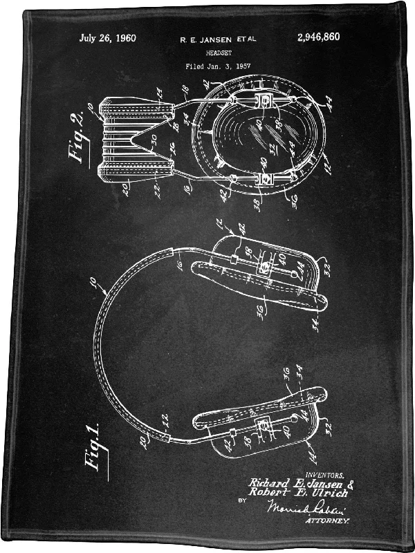 Headset Patent Illustration by Richard E Jansen Polar Fleece Throw Blanket / Tapestry Wall Hanging 60" x 80"