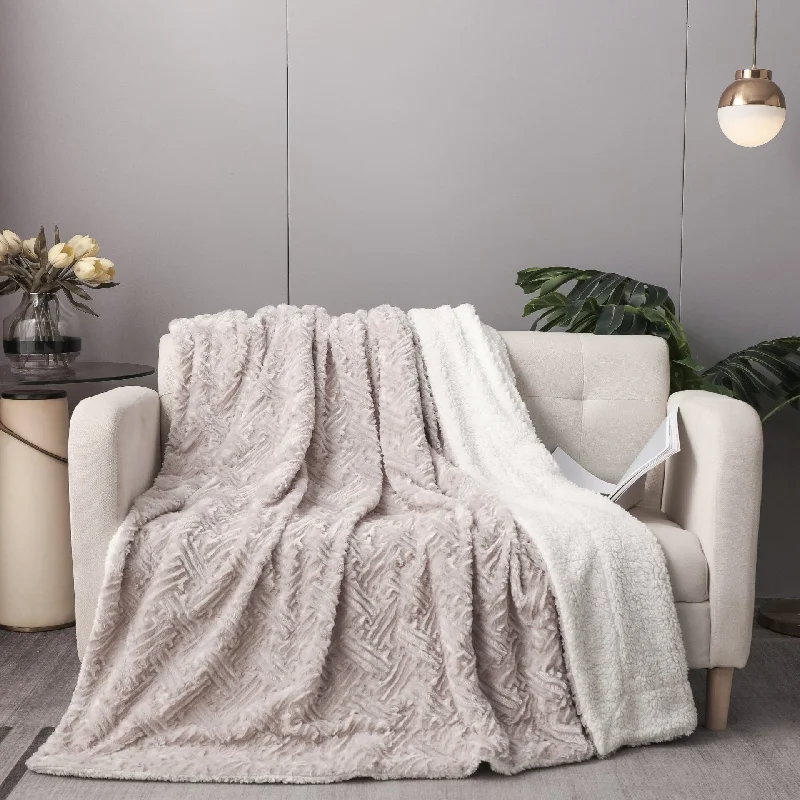 DaDalogy Bedding Lavender Grey Faux Fur Throw Blanket - Dreamy Geometric Embossed Sherpa Backside - Super Soft Warm Cozy Plush Fluffy