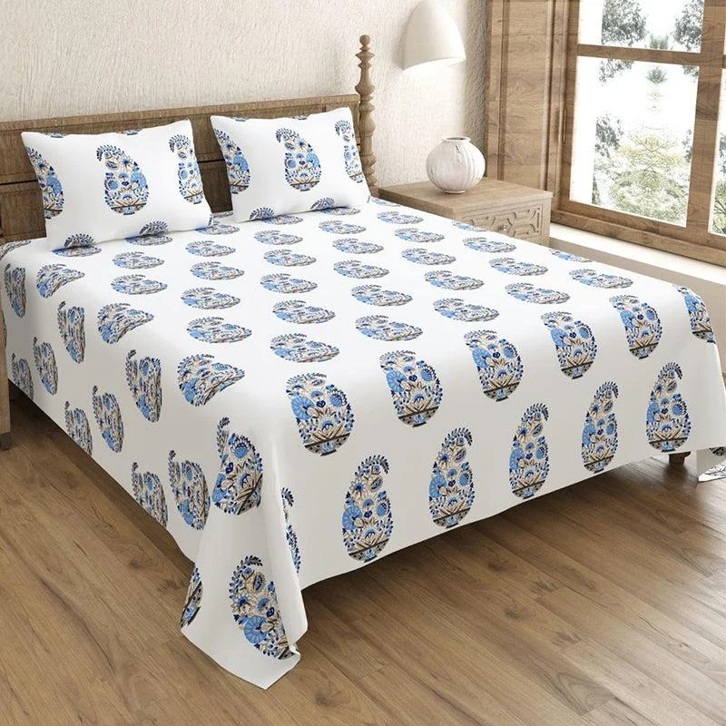 Talika Ethnic Bedsheet - White,Blue