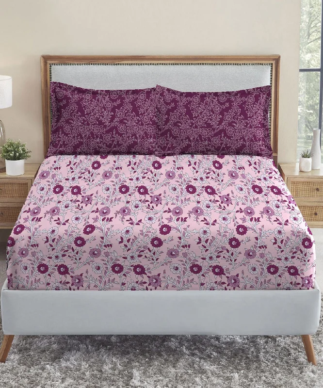 Urban Comfort Desert Gardern Pink Queen Bedsheet With 2 Pillow Cover, 144TC, 100% Cotton, Floral, Pink