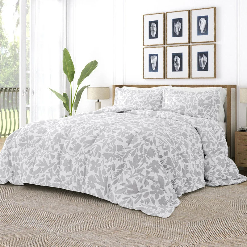 Abstract Garden Light Gray Pattern Comforter Set Down-Alternative Ultra Soft Microfiber Bedding