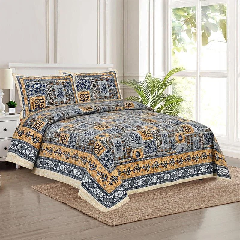 Tvisha Tribal Applique Print Bedsheet - Yellow & Grey