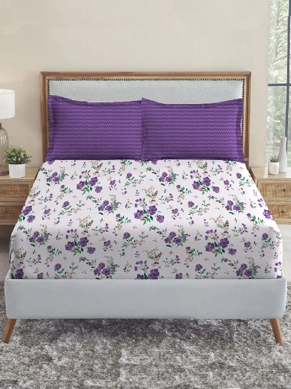 Urban Comfort Sunset Purple Queen Bedsheet With 2 Pillow Cover, 144TC, 100% Cotton, Floral, Purple