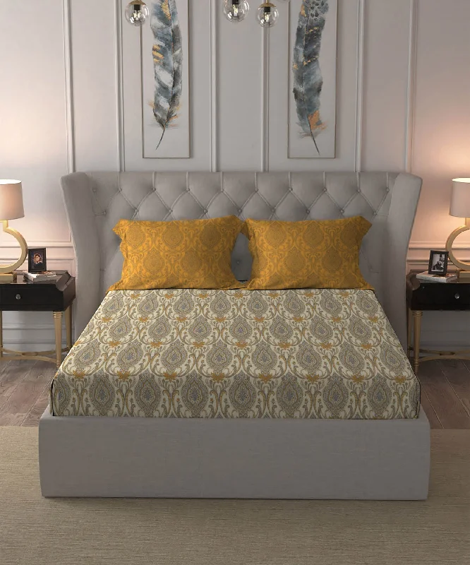 Dusk & Dawn King Bedsheet Set,144 TC, 100% Cotton, Ornate Yellow