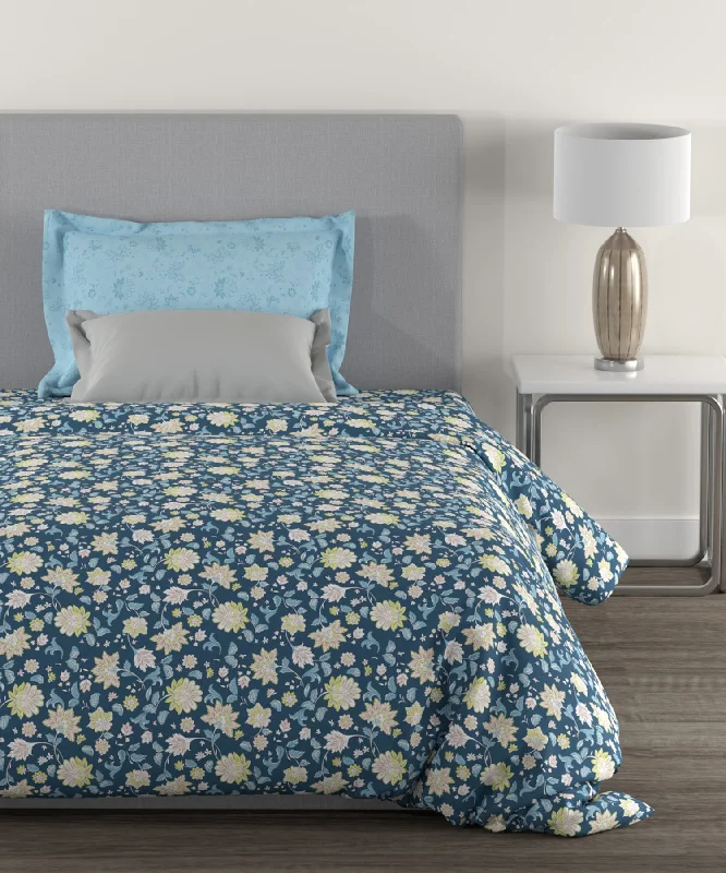 Home Essential Ella Blue Single Bedsheet With 1 Pillow Cover, 144TC, 100% Cotton, Floral, Blue