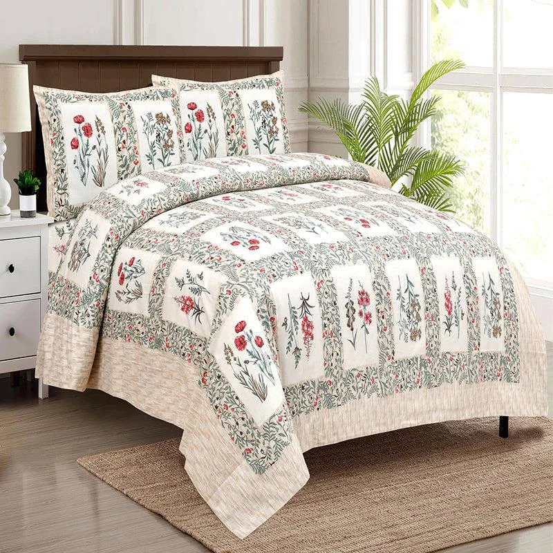 Siddhi Floral Bedsheet - White,Green