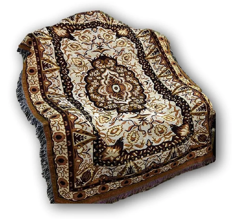 DaDa Bedding Elegant Tapestry Throw Blanket, Golden Persian Style Rug Ornate Floral - 50” x 60” (7175)