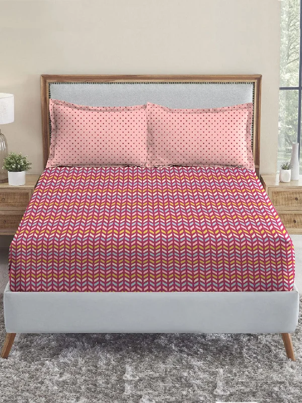 Urban Comfort Party Mood Pink Queen Bedsheet With 2 Pillow Cover, 144TC, 100% Cotton, Geometric, Pink