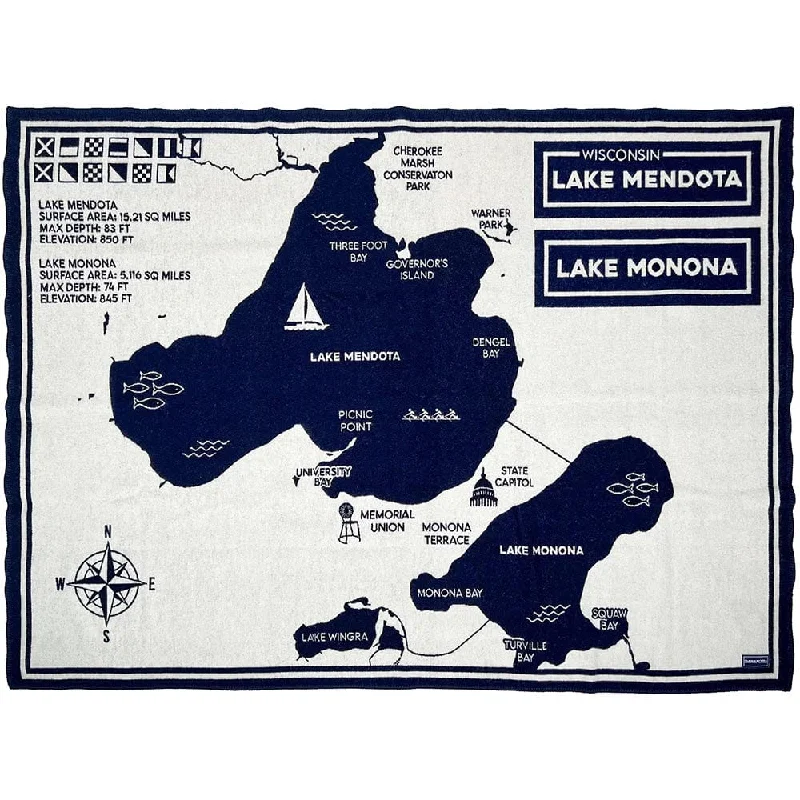 Lake Mendota & Monona Map Wool Throw Blanket