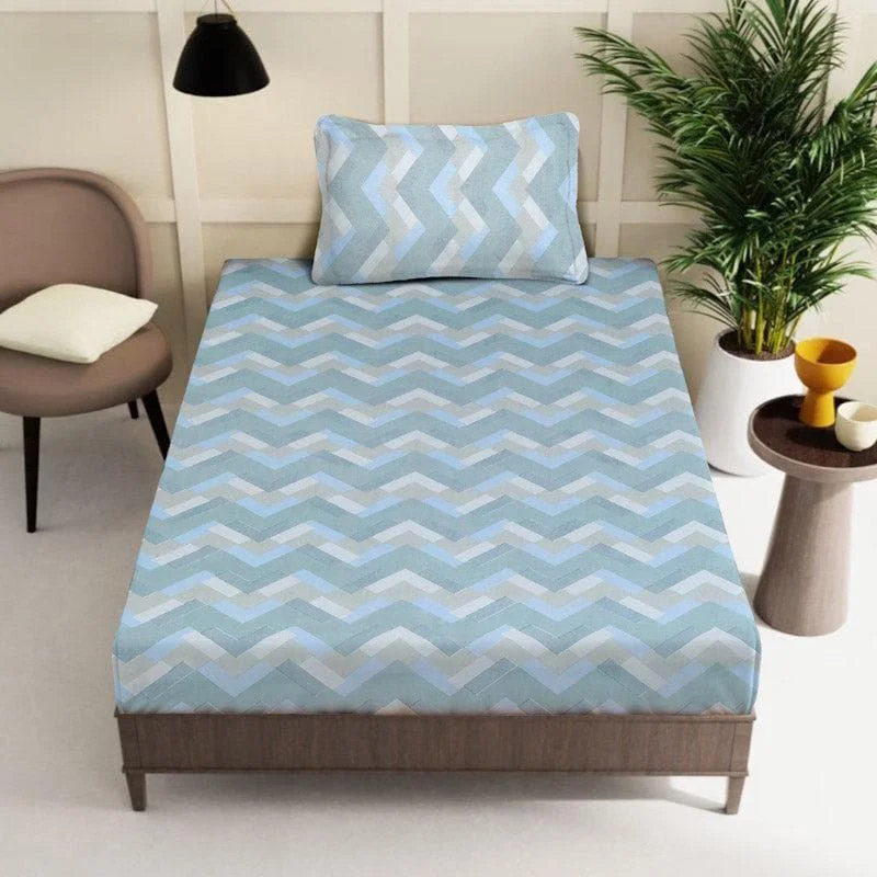 Terra Stripes Printed Bedsheet - Ash Blue