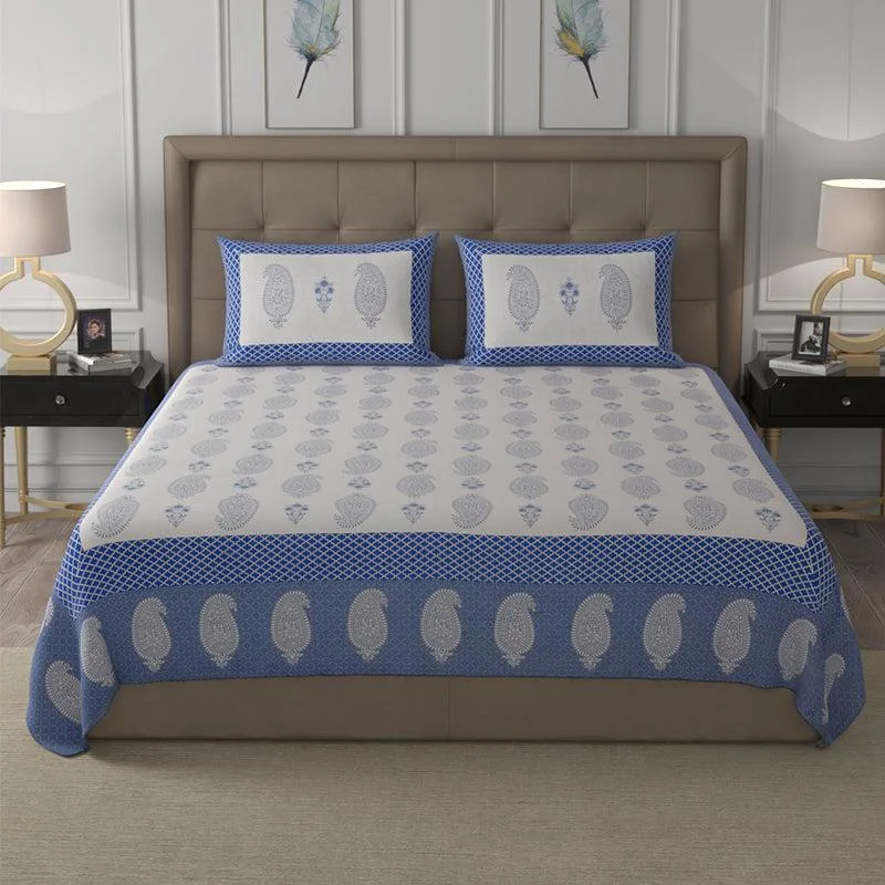 Velu Ethnic Bedsheet - White & Blue