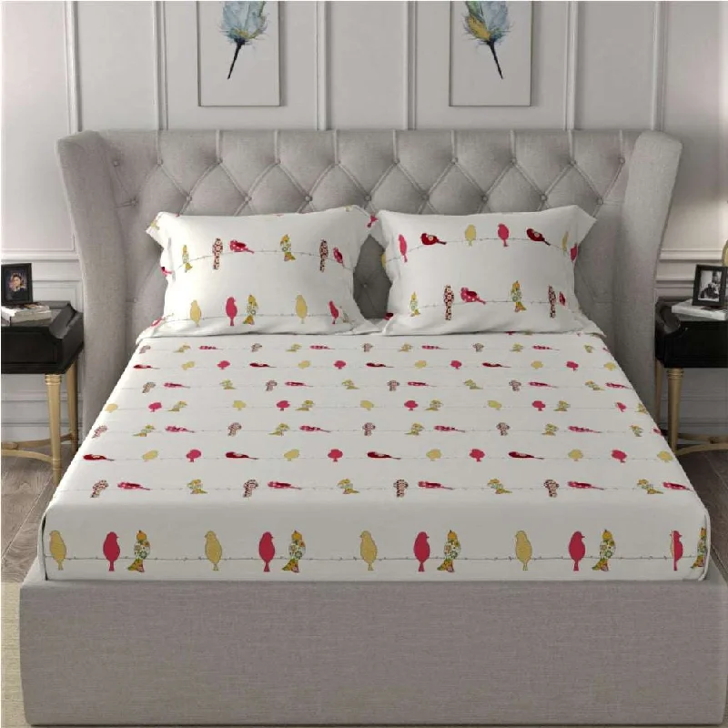 Fitted King Size Cotton Bedsheet - Humming Bird - Red