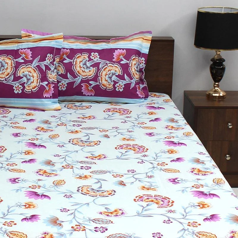 Siya Floral Bedsheet - Violet & Light Blue