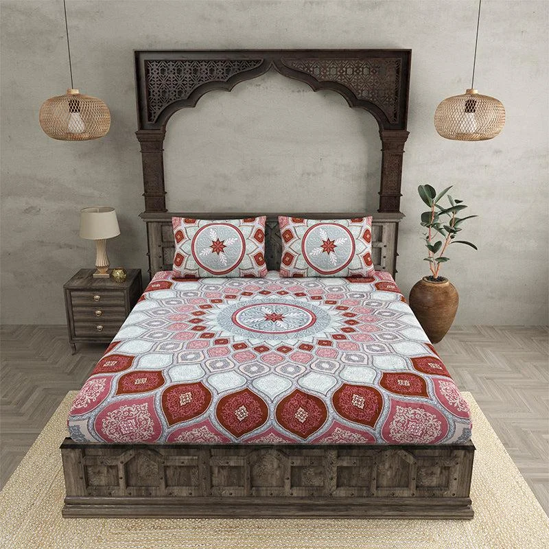 Navaj Mandala Bedsheet - Grey,Red