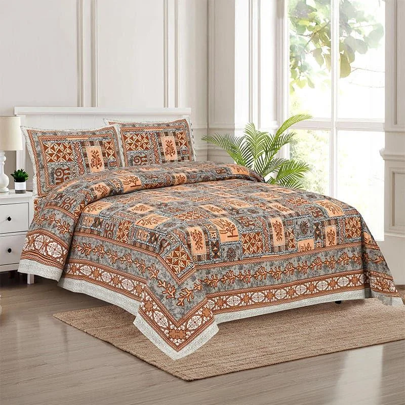 Tvisha Tribal Applique Print Bedsheet - Orange & Grey