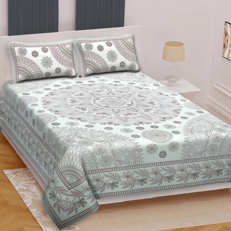 Kavya Mandala Ethnic Bedsheet - Grey & White