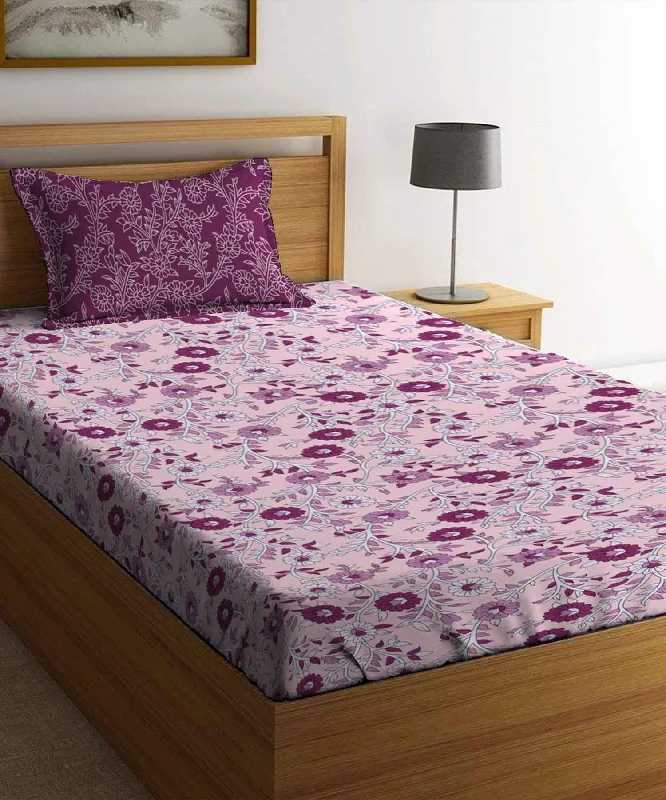 Urban Comfort Desert Gardern Pink Single Bedsheet With 1 Pillow Cover, 144TC, 100% Cotton, Floral, Pink