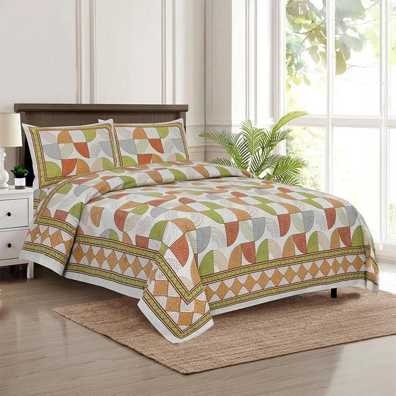 Aabhita Floral Bedsheet - Green & Orange