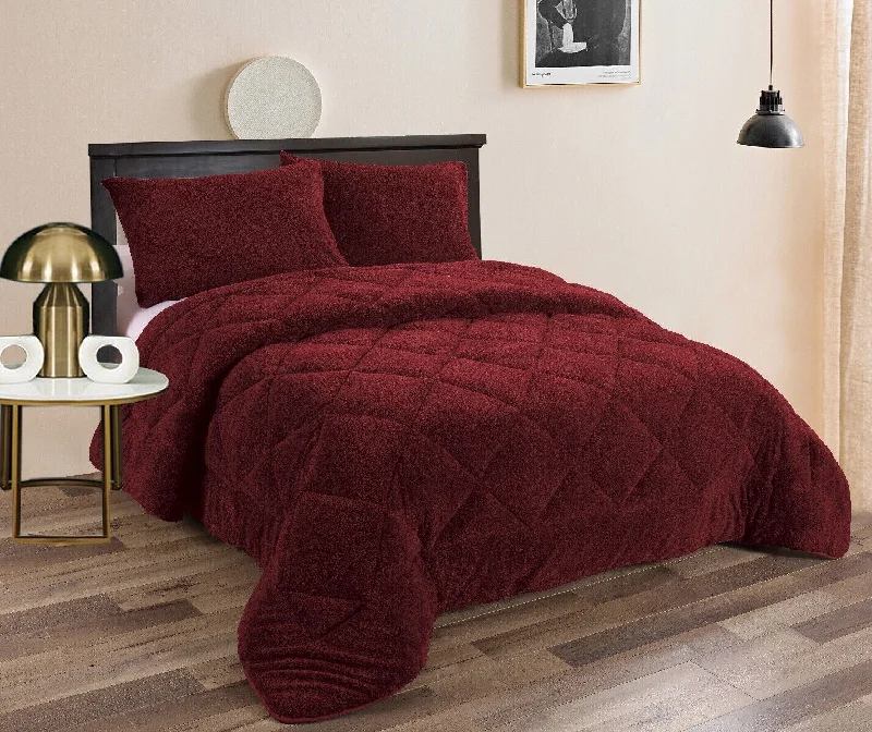 3 Piece Fleece Comforter Set Burgundy