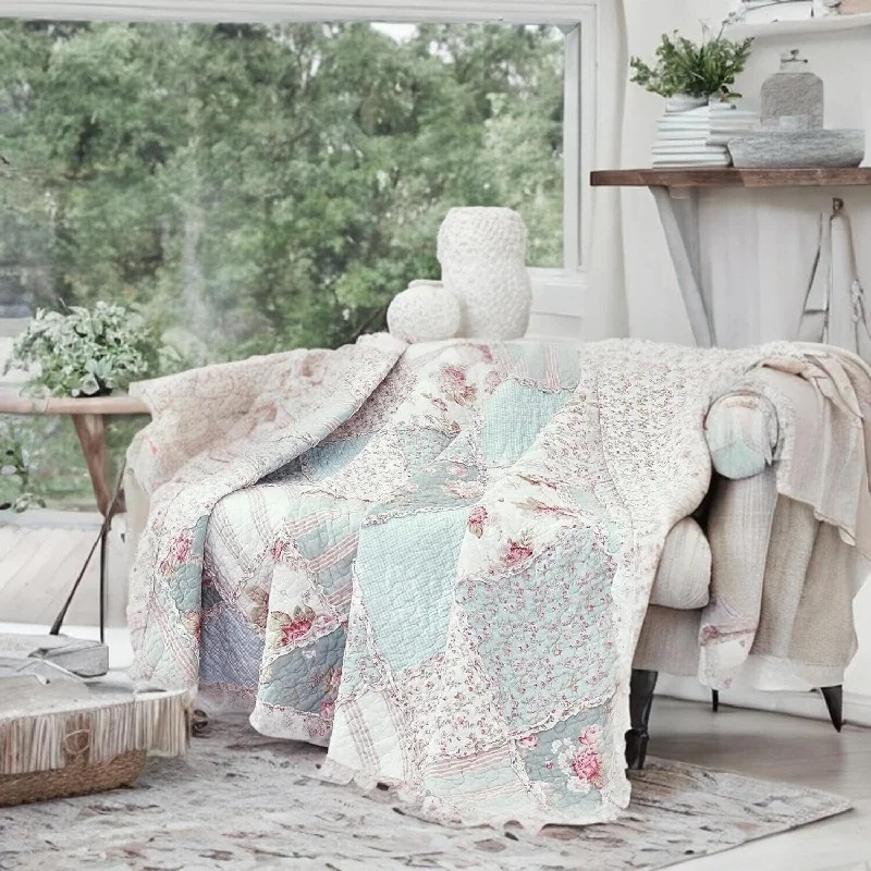 DaDa Bedding Cotton Cottage Floral Patchwork Quilted Throw Blanket - Reversible Hint of Mint - Ruffle Pastel Light Pink Blue/Green - 50 x 60