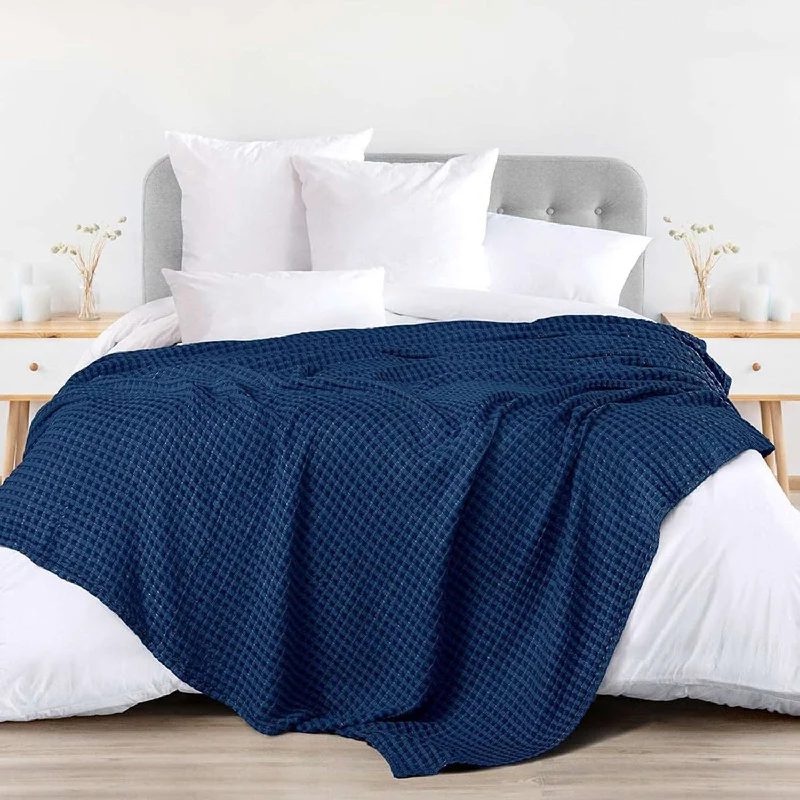 100% Cotton Waffle Weave Blanket / Cotton Dohar for Bedroom - Navy