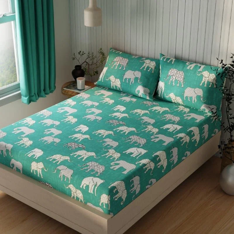 Elephanto Walk Bedsheet - Aqua