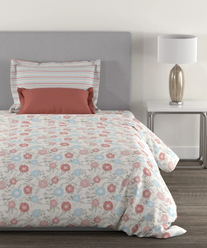 Home Essential Doodle Flora Red Single Bedsheet With 1 Pillow Cover, 144TC, 100% Cotton, Floral, Multi Colour