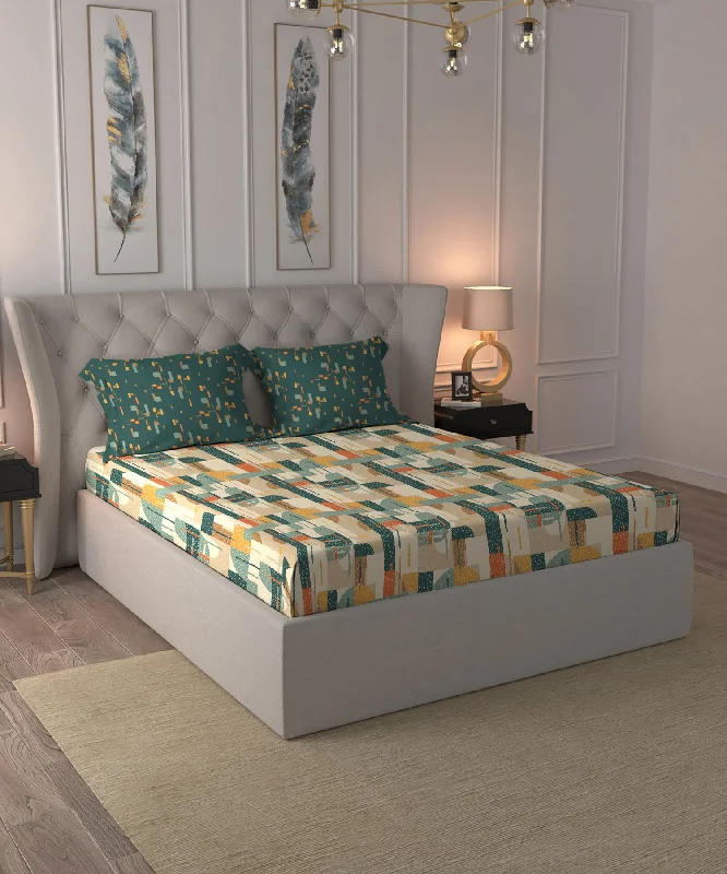 Dusk & Dawn Queen Bedsheet Set,144 TC, 100% Cotton, Brooke Green