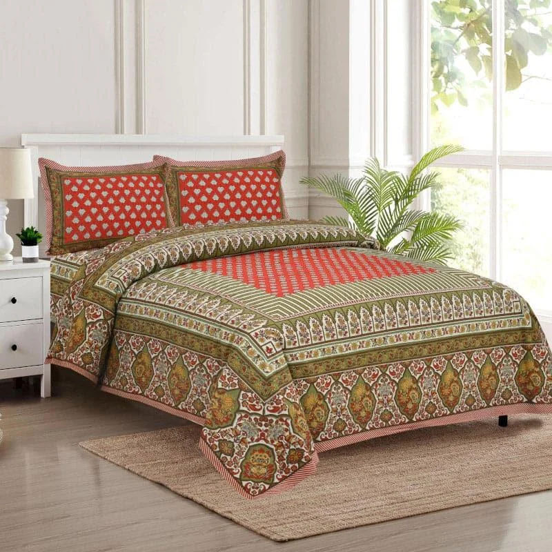 Trivona Regal Ethnic Bedsheet - Red & Dark Green