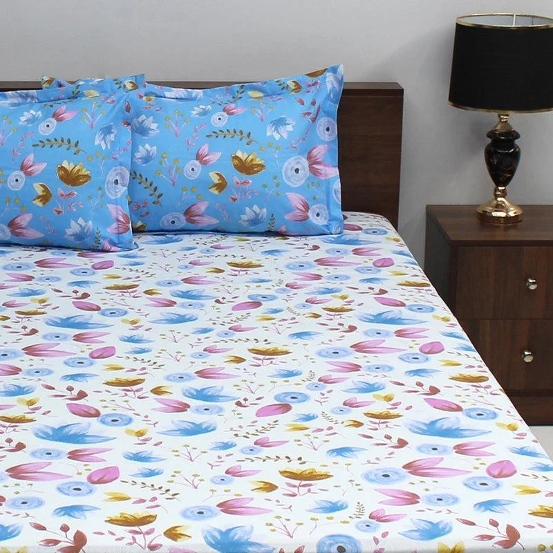 Vidhi Floral Bedsheet - White & Blue