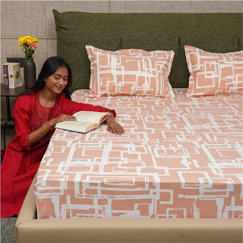 Serene Collection - Breathable 200 TC 100% Pure Cotton Single Bedsheet with Pillow Cover, Checkers - Peach