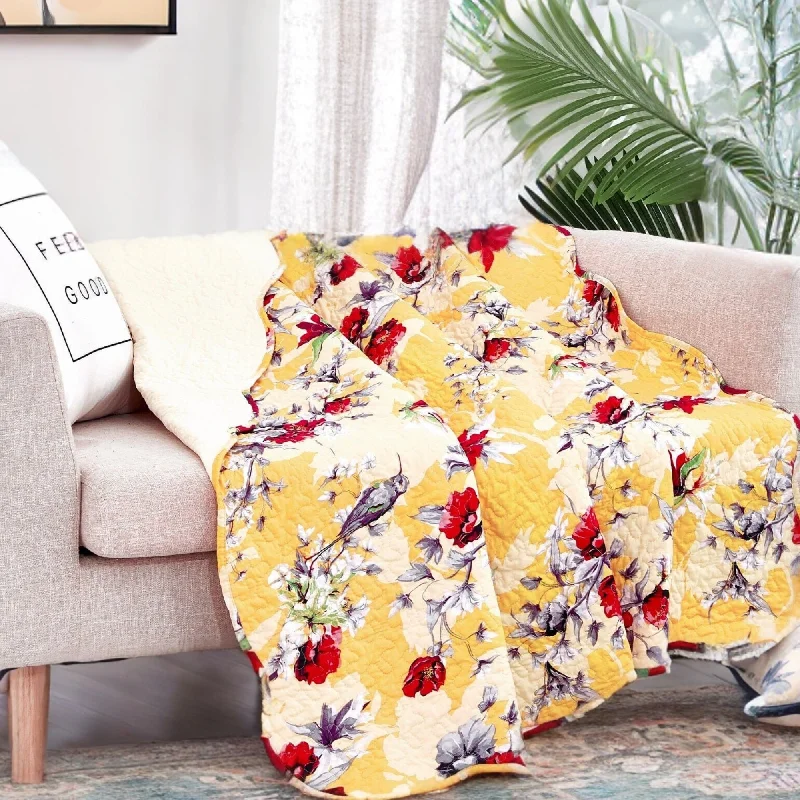 DaDa Bedding Yellow Floral Quilted Throw Blanket - Hummingbirds Farmhouse Red Flowers for Couch, Sofa or Bed- Scalloped Edges - 50 x 60