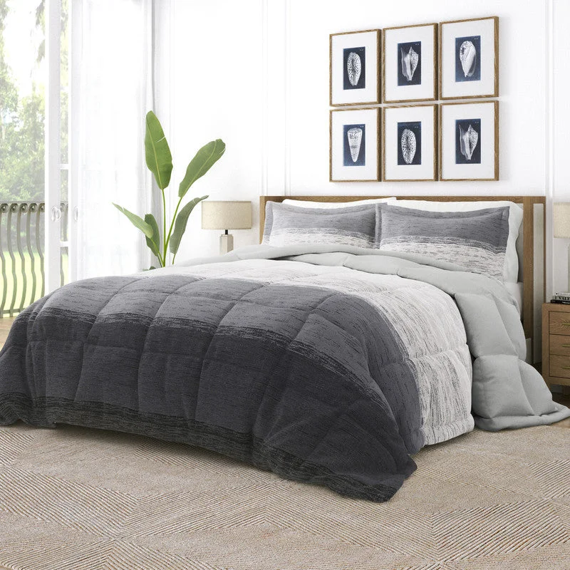 Ombre Gray Reversible Pattern Comforter Set Down-Alternative Ultra Soft Microfiber Bedding, King/Cal-King