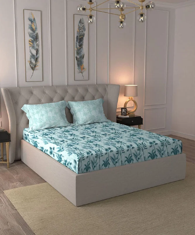 Dusk & Dawn Pandora Teal Queen Bedsheet With 2 Pillow Cover 144TC, 100% Cotton, Floral, Blue