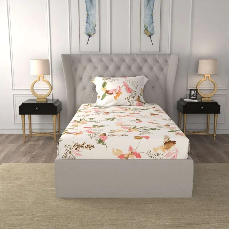 Regal Collection - Breathable 200 TC 100% Pure Cotton Single Bedsheet with Pillow Cover, Cherry Blossom- Peach