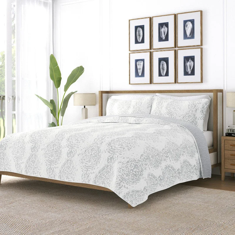 Classic Damask Light Gray Reversible Pattern Quilt Coverlet Set Ultra Soft Microfiber Bedding