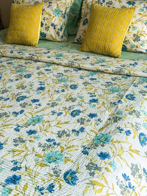 Aqua floral Quilted Bedcover