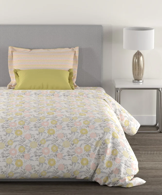 Home Essential Doodle Flora Peach Single Bedsheet With 1 Pillow Cover, 144TC, 100% Cotton, Floral, Multi Colour