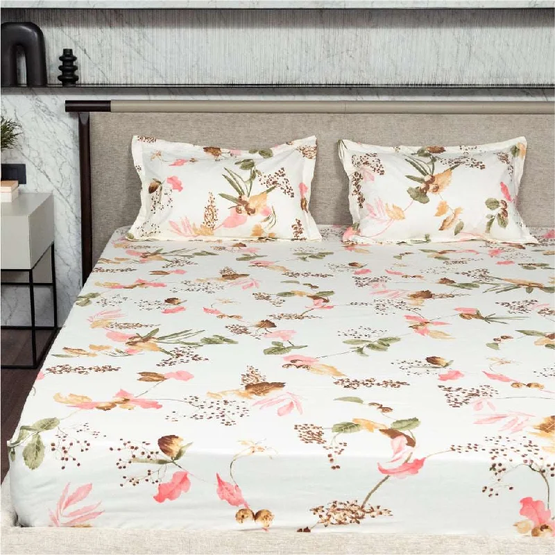 Fitted King Size Cotton Bedsheet - Cherry Blossom- Peach