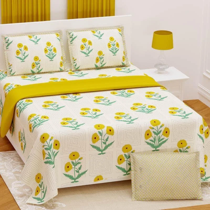 Sanganeri Floral Bedsheet - Yellow