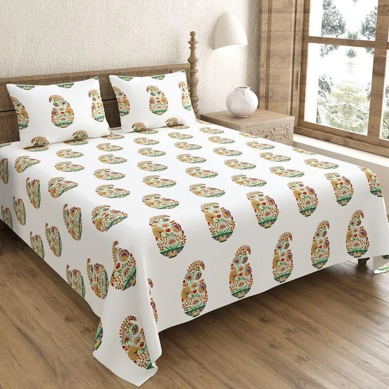 Talika Ethnic Bedsheet - White,Brown