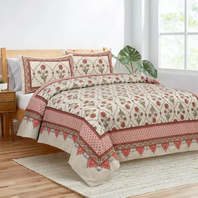 Mughal Jaali Printed Bedsheet - Red & Beige