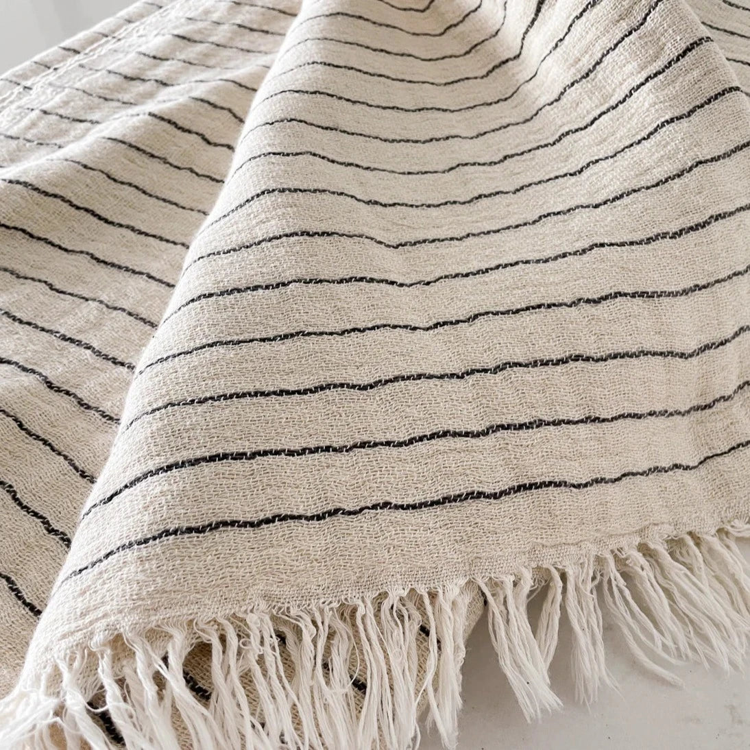 Beige Striped Turkish Cotton Crinkled Throw