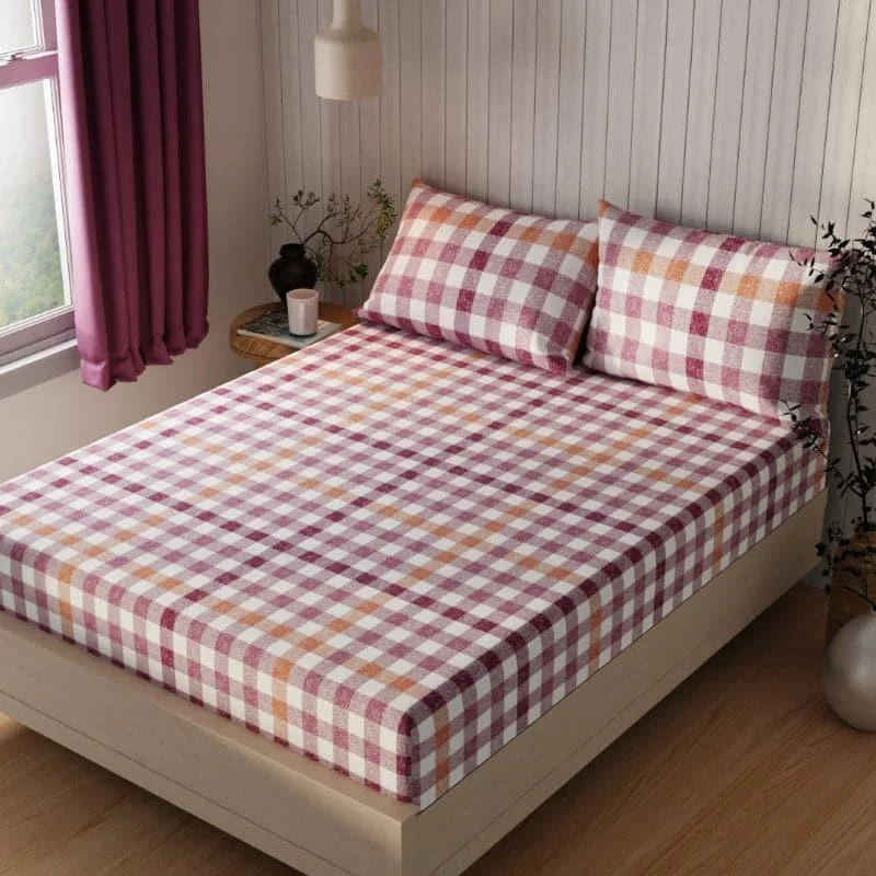 Amoza Checkered Bedsheet - Wine Red